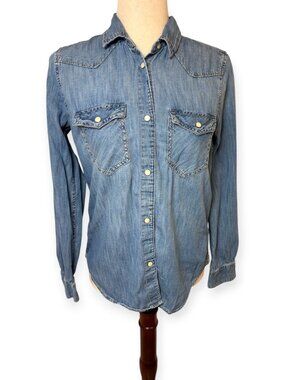 Gap Blue Chambray 100% Cotton Denim Snap Button Down Shirt Extra Small